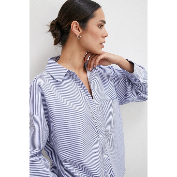 Çizgili Pamuklu Gömlek Lacivert