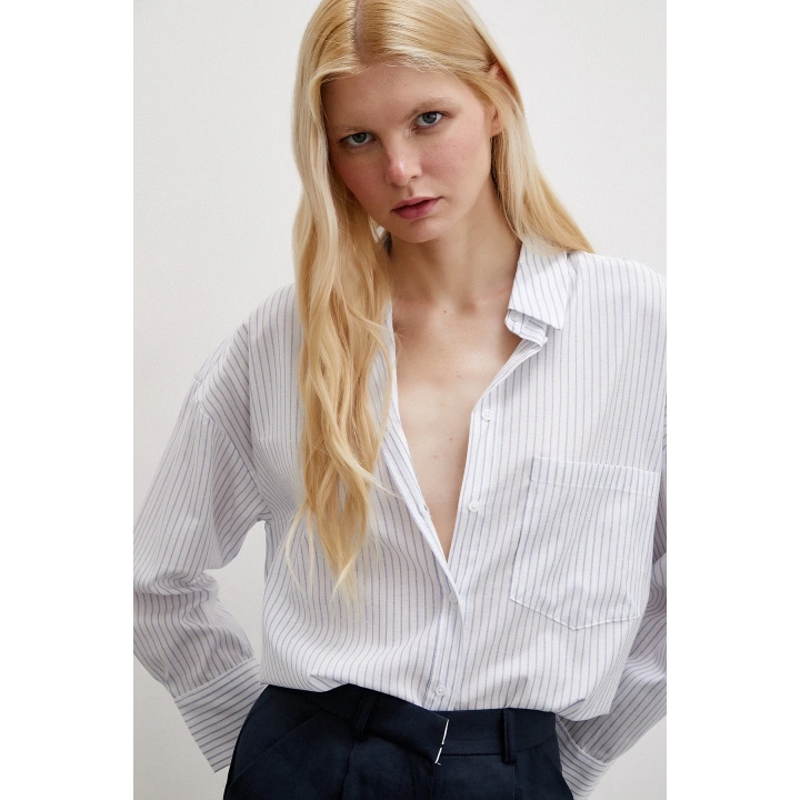 Çizgili Pamuklu Gömlek Mavi