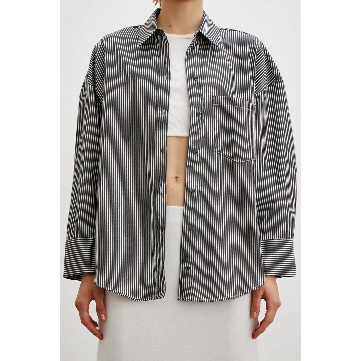 Çizgili Pamuklu Gömlek Siyah