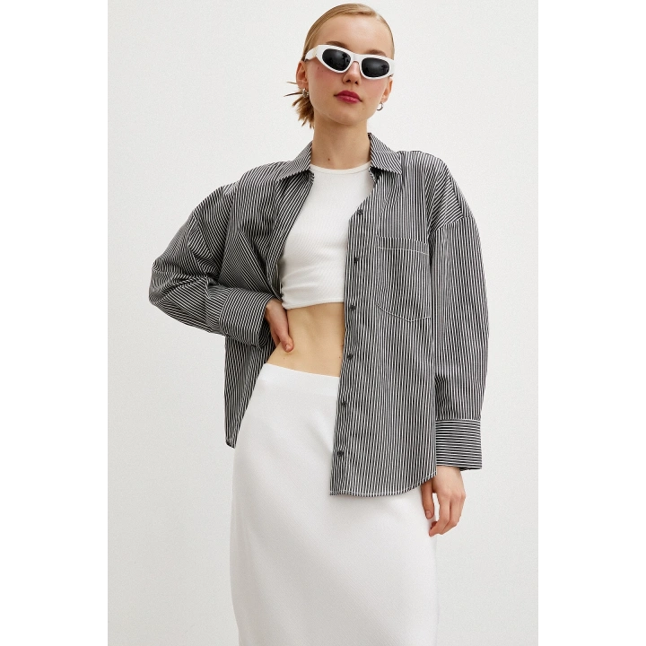 Çizgili Pamuklu Gömlek Siyah
