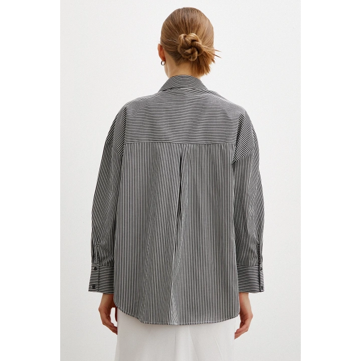 Çizgili Pamuklu Gömlek Siyah