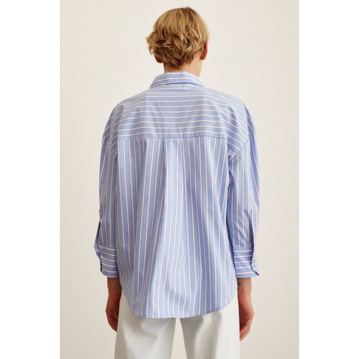 Çizgili Poplin Gömlek Mavi