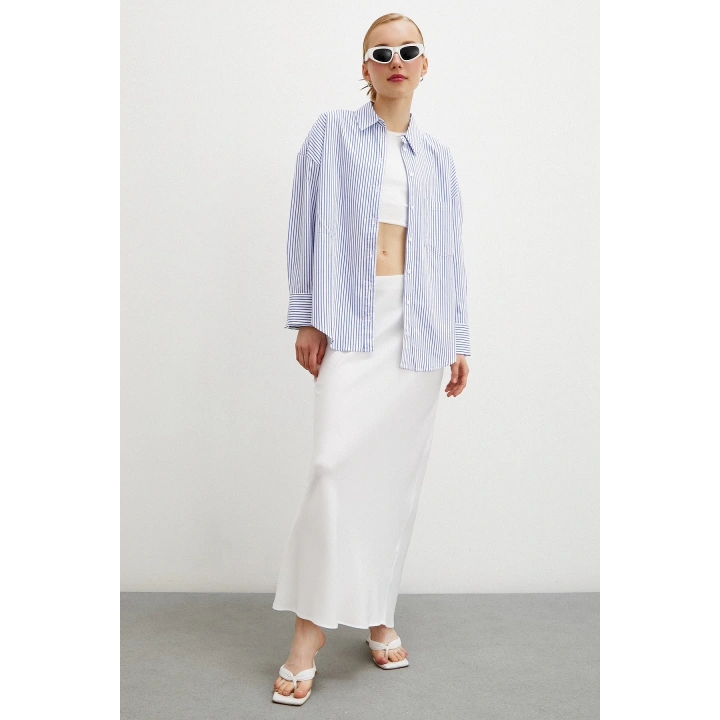 Çizgili Poplin Gömlek Mavi