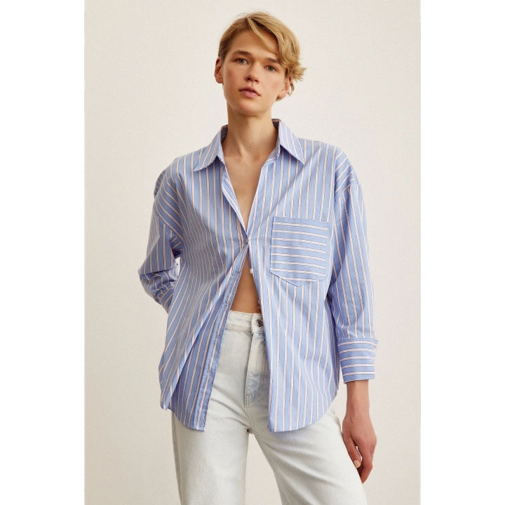 Çizgili Poplin Gömlek Mavi