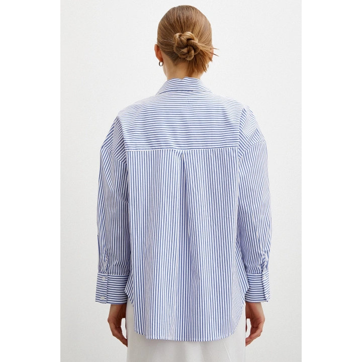 Çizgili Poplin Gömlek Mavi