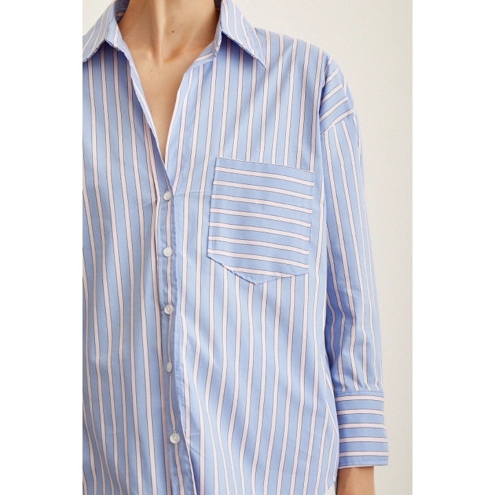 Çizgili Poplin Gömlek Mavi