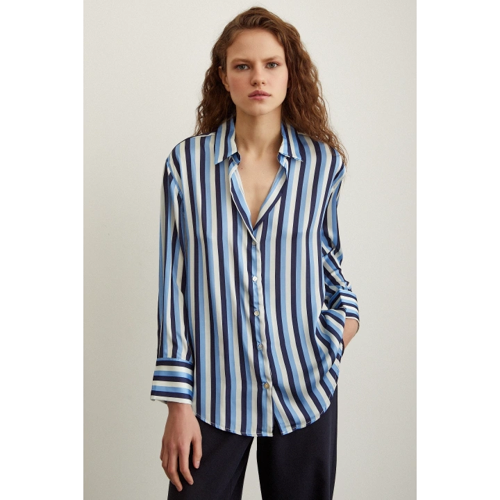 Çizgili Saten Gömlek Lacivert