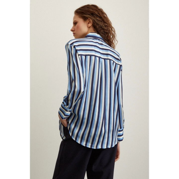 Çizgili Saten Gömlek Lacivert