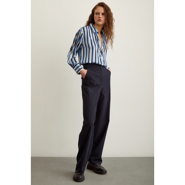 Çizgili Saten Gömlek Lacivert