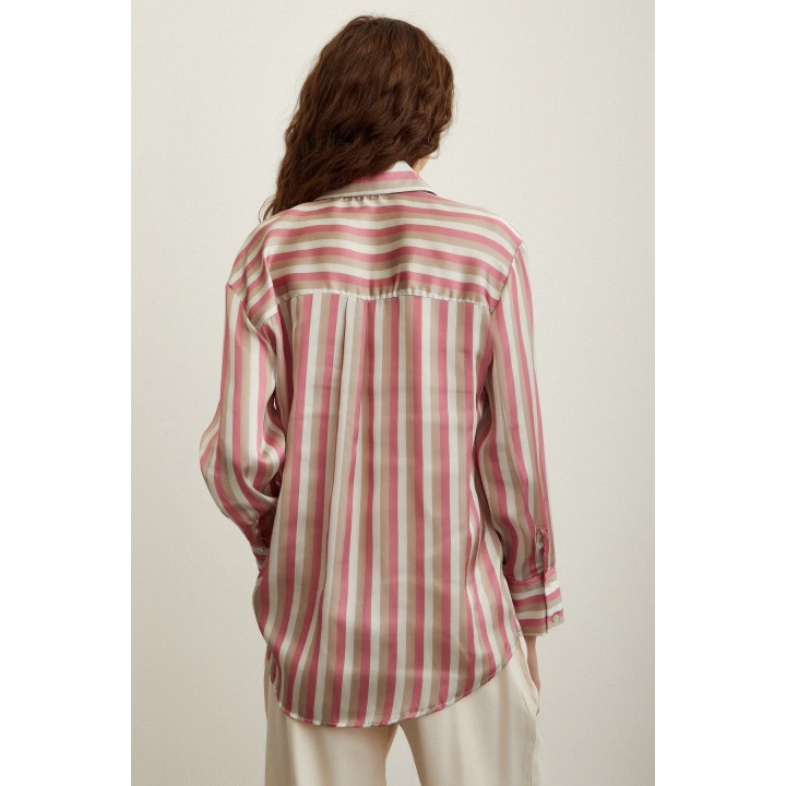 Çizgili Saten Gömlek Pembe