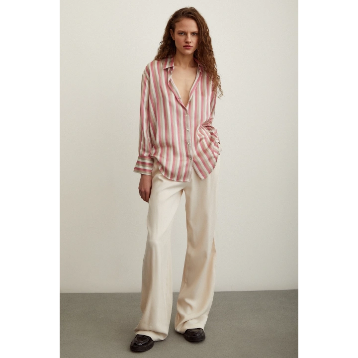 Çizgili Saten Gömlek Pembe