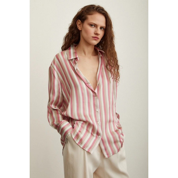 Çizgili Saten Gömlek Pembe