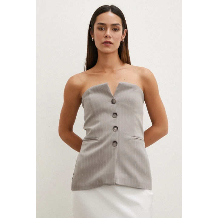 Çizgili Straplez Yelek Taş