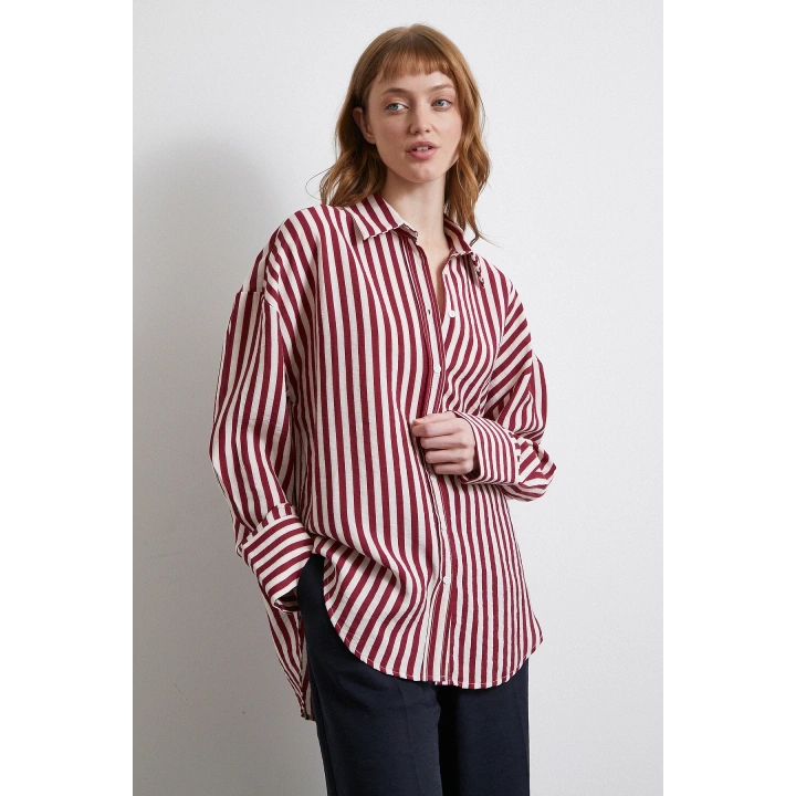 Çizgili T Kol Gömlek Bordo