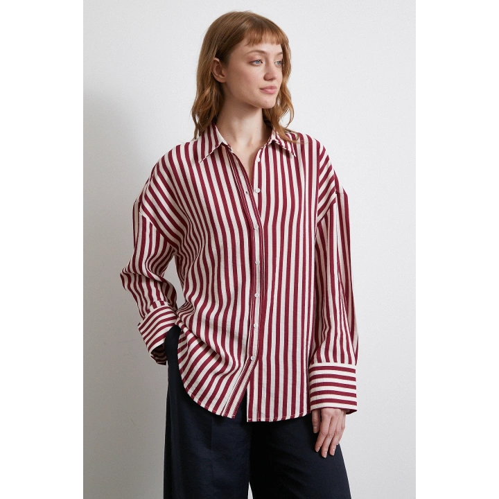 Çizgili T Kol Gömlek Bordo