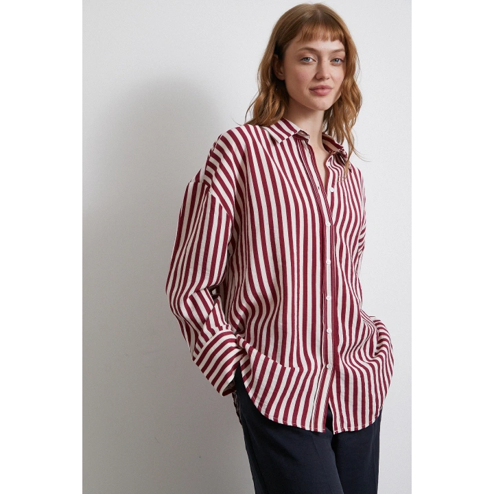 Çizgili T Kol Gömlek Bordo