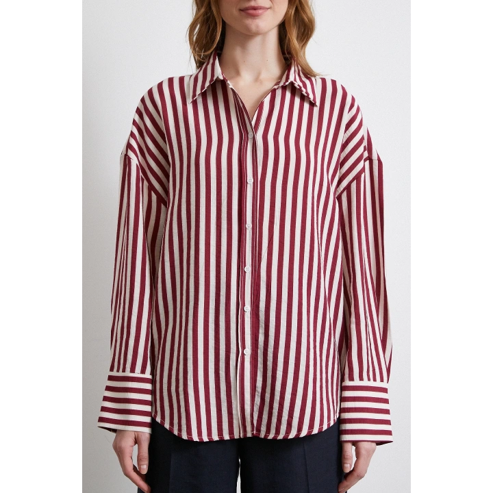 Çizgili T Kol Gömlek Bordo
