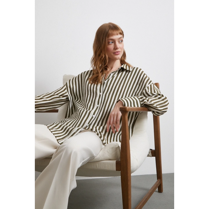 Çizgili T Kol Gömlek Haki