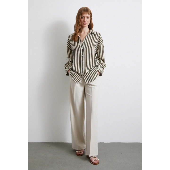 Çizgili T Kol Gömlek Haki