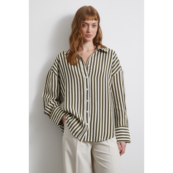 Çizgili T Kol Gömlek Haki