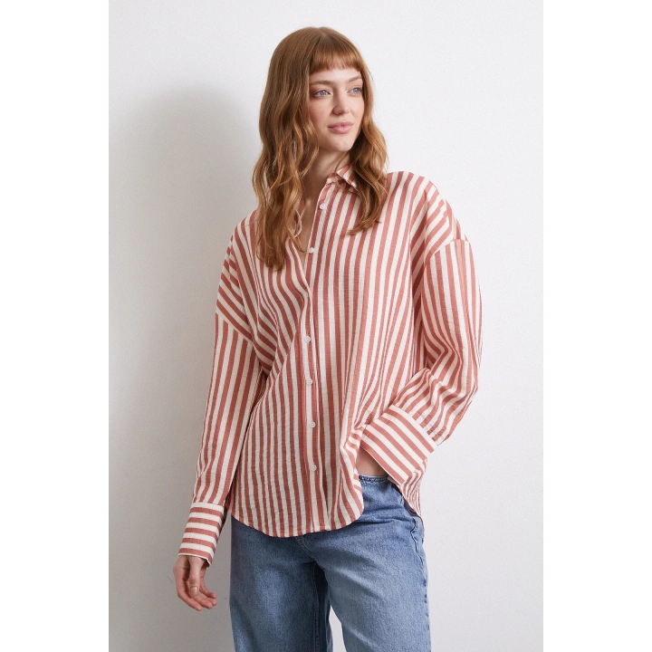 Çizgili T Kol Gömlek Kiremit