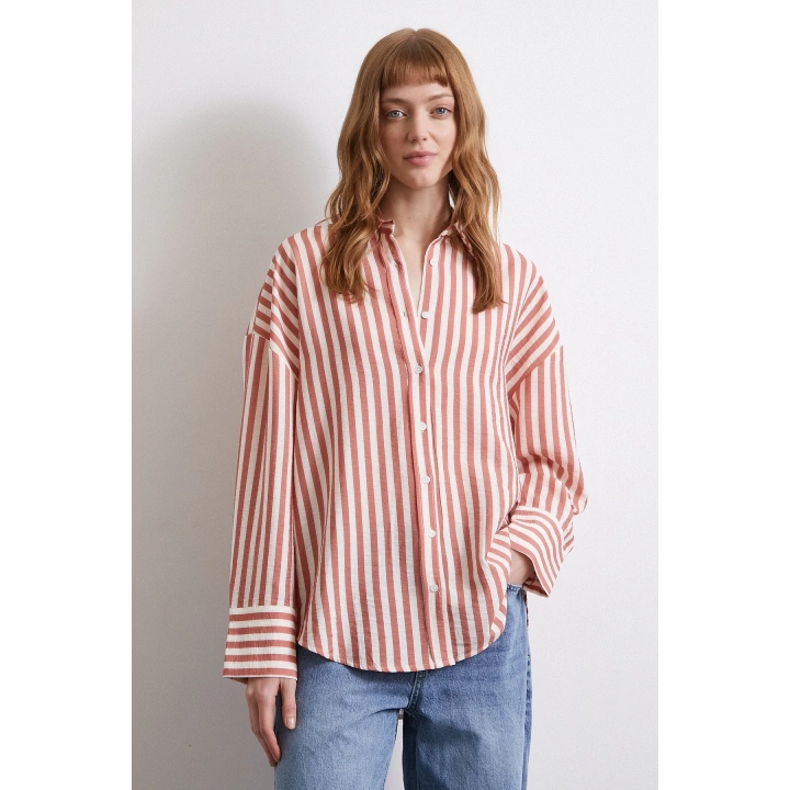 Çizgili T Kol Gömlek Kiremit