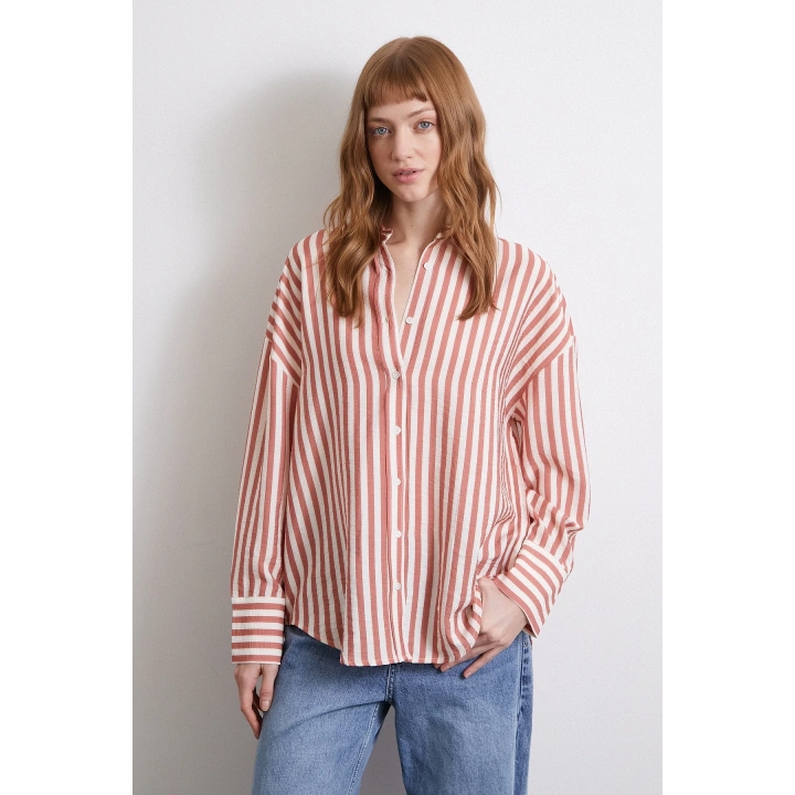 Çizgili T Kol Gömlek Kiremit