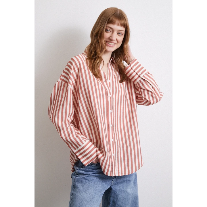 Çizgili T Kol Gömlek Kiremit