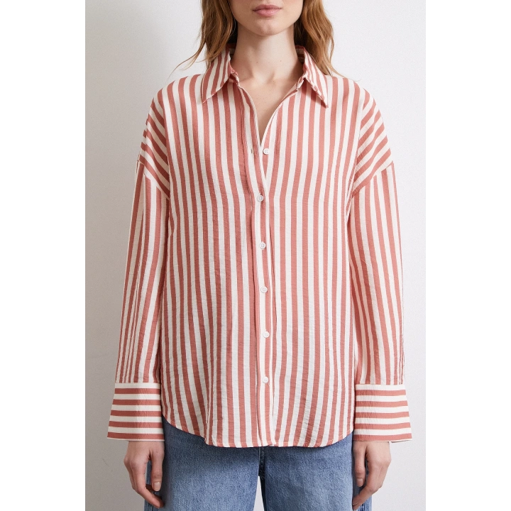Çizgili T Kol Gömlek Kiremit