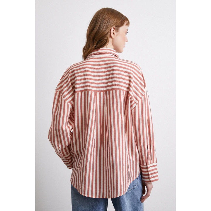 Çizgili T Kol Gömlek Kiremit