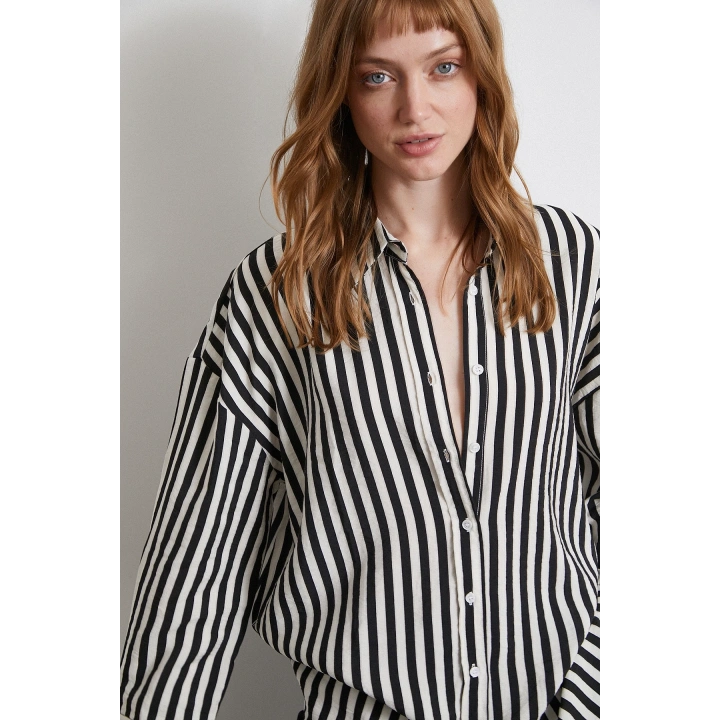 Çizgili T Kol Gömlek Siyah