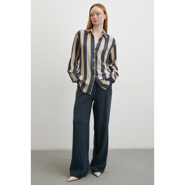 Çizgili Viskon Gömlek Kahve