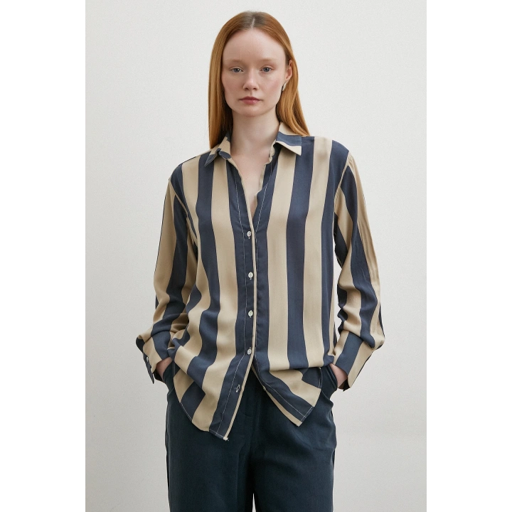 Çizgili Viskon Gömlek Kahve