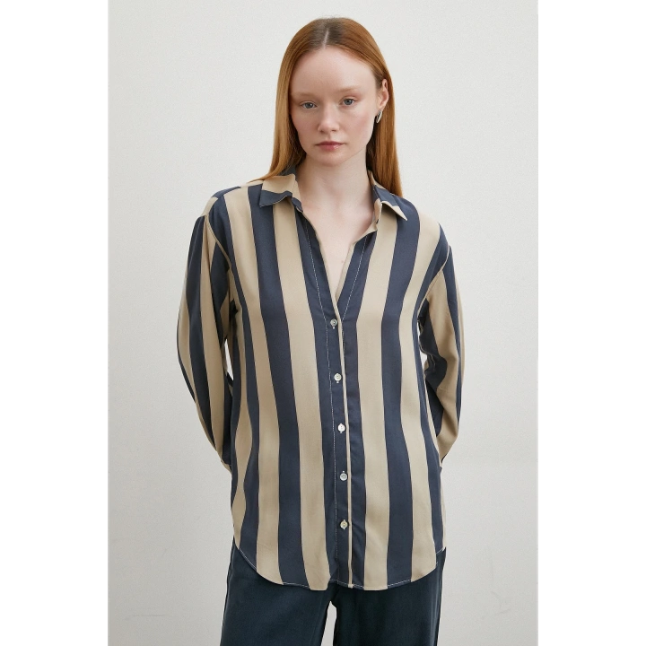 Çizgili Viskon Gömlek Kahve