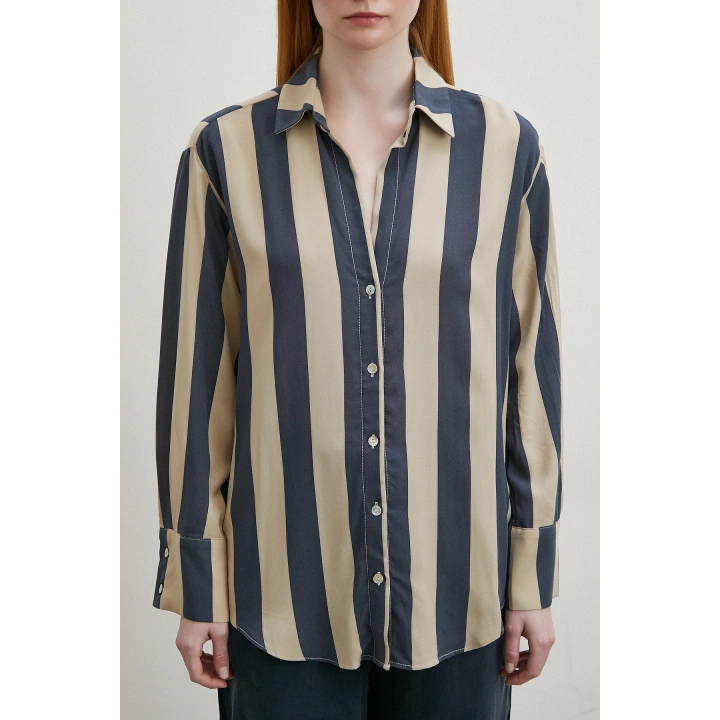 Çizgili Viskon Gömlek Kahve