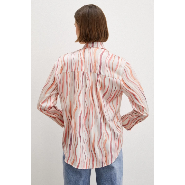 Dalga Çizgili V Yaka Gömlek Oranj