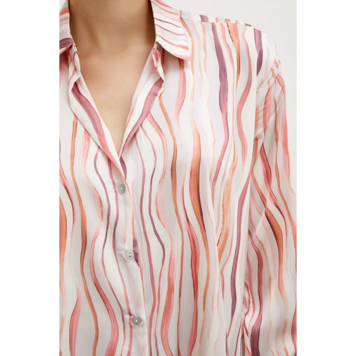 Dalga Çizgili V Yaka Gömlek Oranj