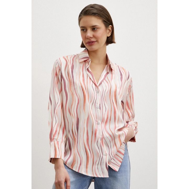 Dalga Çizgili V Yaka Gömlek Oranj