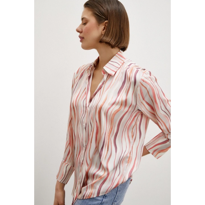 Dalga Çizgili V Yaka Gömlek Oranj