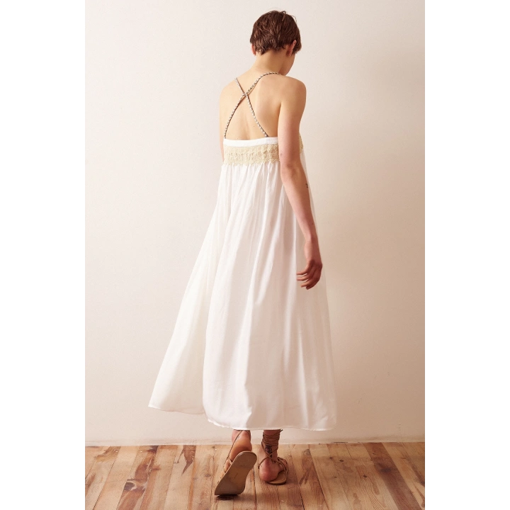 Dantel Detaylı Askılı Salaş Elbise Beyaz