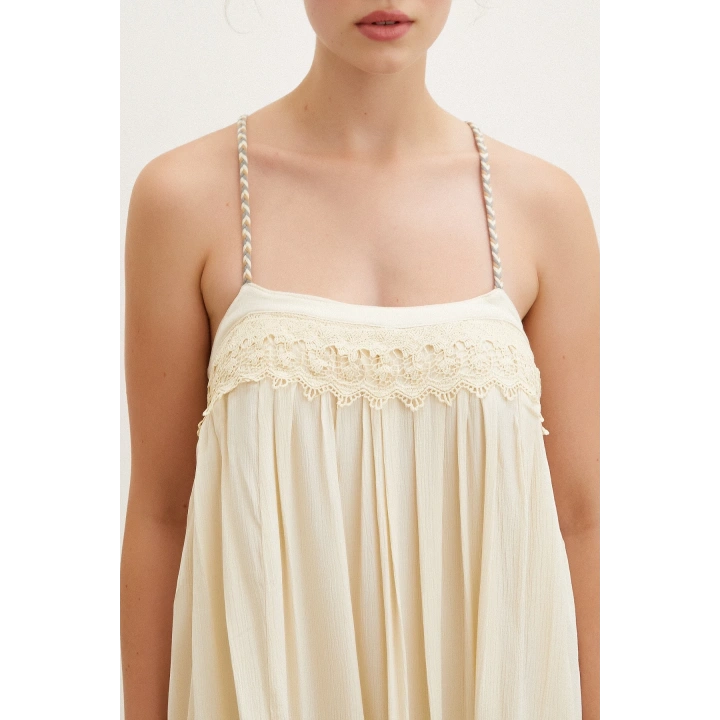 Dantel Detaylı Askılı Salaş Elbise Krem