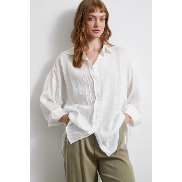 Dantel Detaylı Transparan Pamuklu Gömlek Beyaz