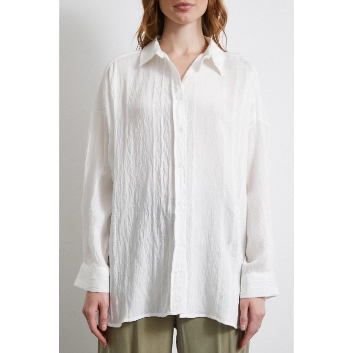 Dantel Detaylı Transparan Pamuklu Gömlek Beyaz