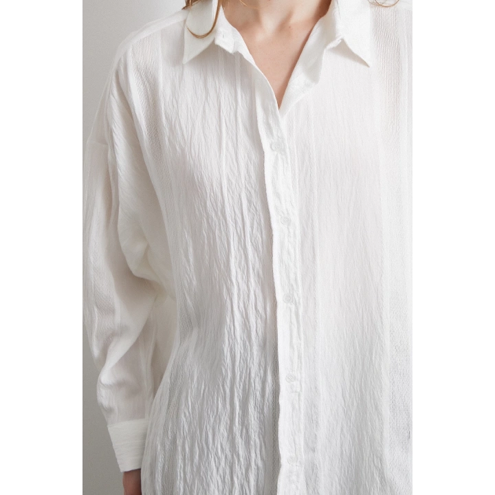 Dantel Detaylı Transparan Pamuklu Gömlek Beyaz