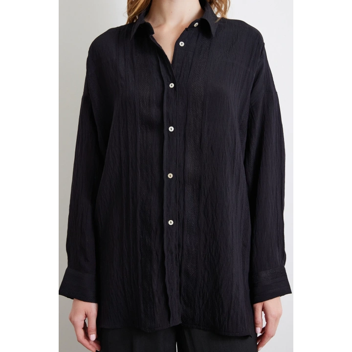 Dantel Detaylı Transparan Pamuklu Gömlek Siyah