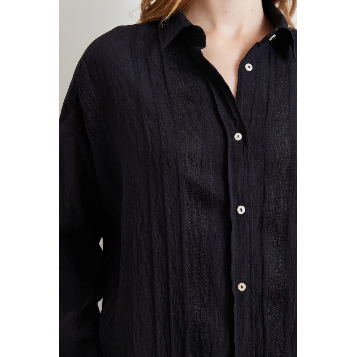 Dantel Detaylı Transparan Pamuklu Gömlek Siyah