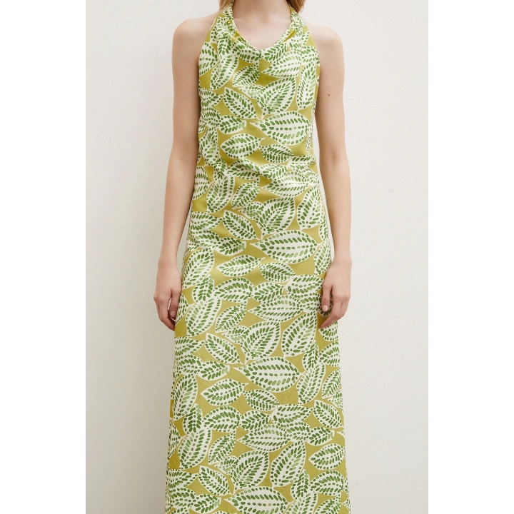 Degaje Yaka Maxi Elbise Yeşil