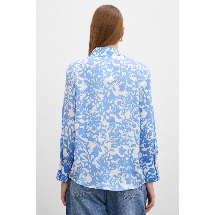Desenli Gofret Saten Gömlek Açık Mavi