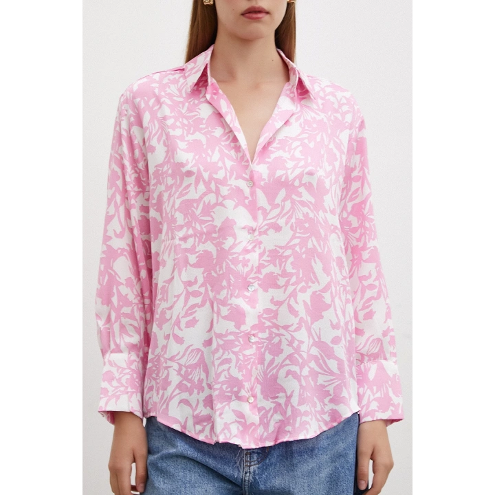 Desenli Gofret Saten Gömlek Pembe