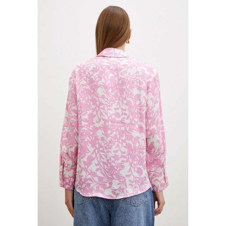 Desenli Gofret Saten Gömlek Pembe